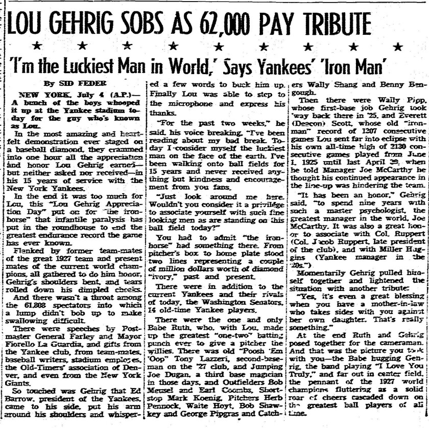 Lou Gehrig Farewell Speech Text