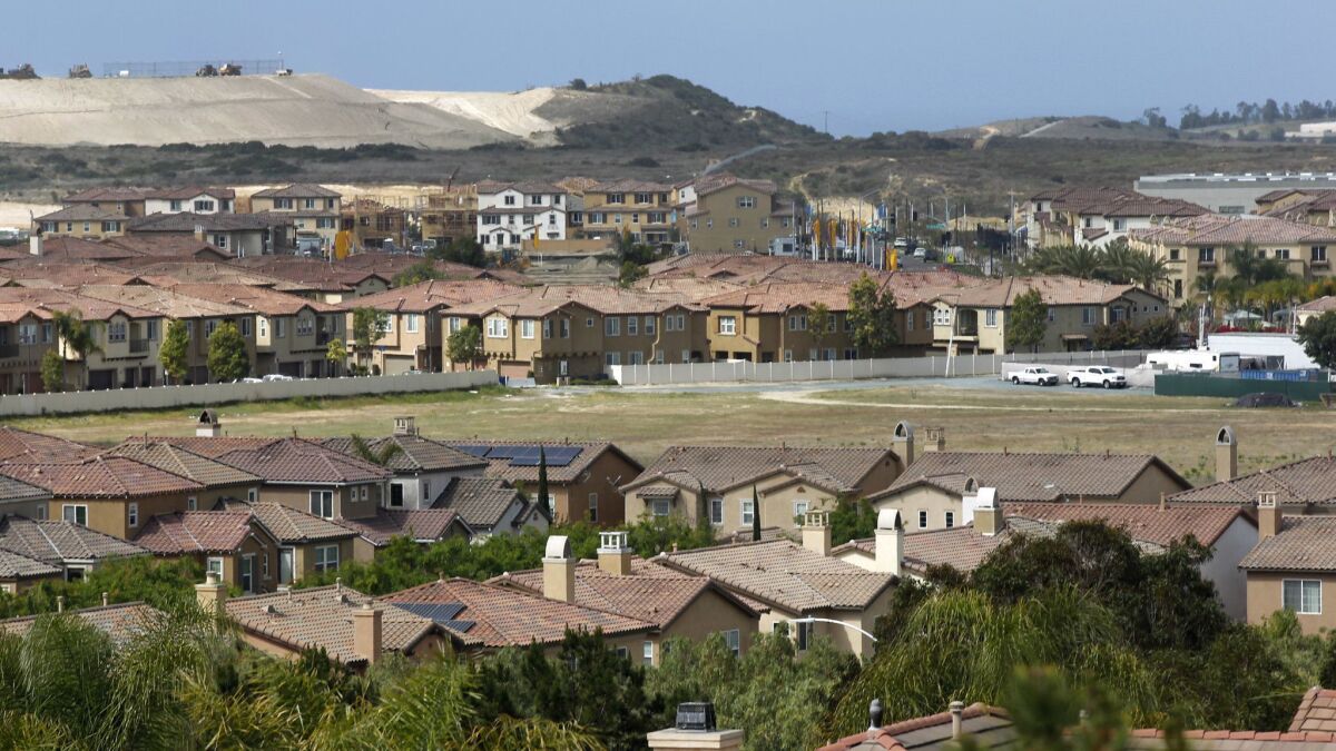 San Diego home prices were up 2.3 percent in a year, said the S&P CoreLogic Case-Shiller Indices. Pictured: Homes in the Otay Ranch area of Chula Vista.