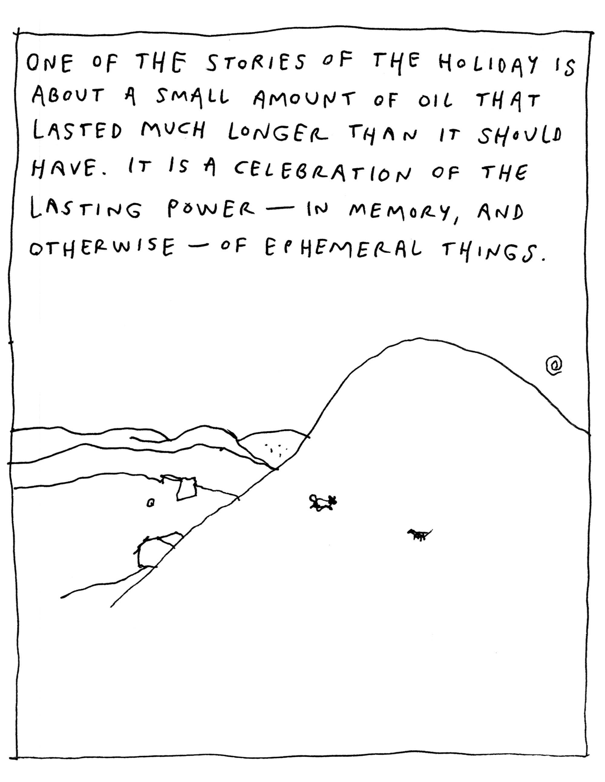 Comic illustration of a hill in the distance with two small animals on the hill.