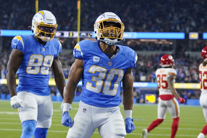Los Angeles Chargers running back Austin Ekeler (30) reacts after scoring a touchdown during.
