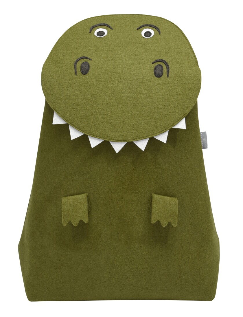 A green felt hamper for a child's room is shaped like a T-Rex.