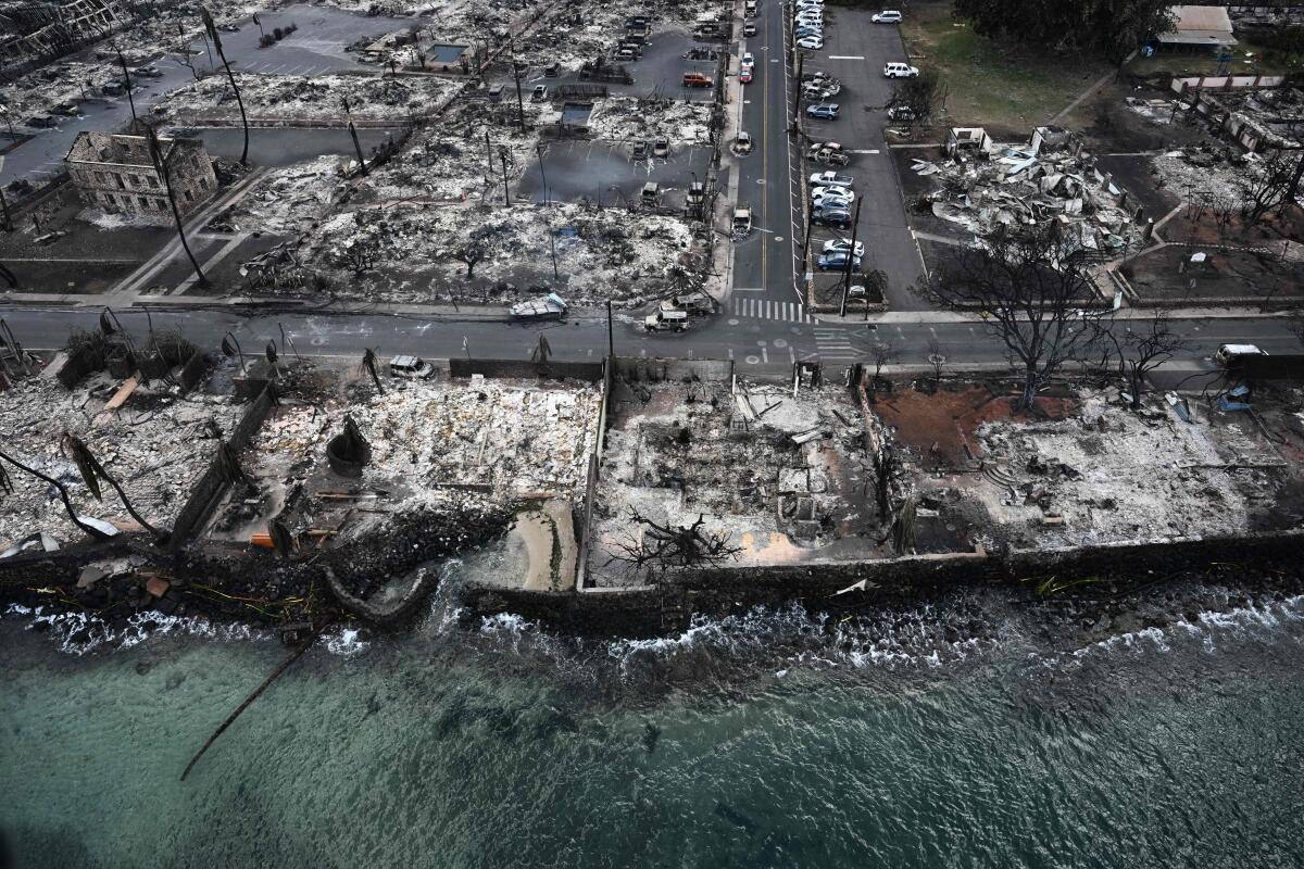 Charred remains of buildings along the waterfront in Lahaina, Maui, Hawaii.