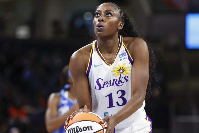 Los Angeles Sparks forward Chiney Ogwumike shoots a free throw against the Chicago Sky