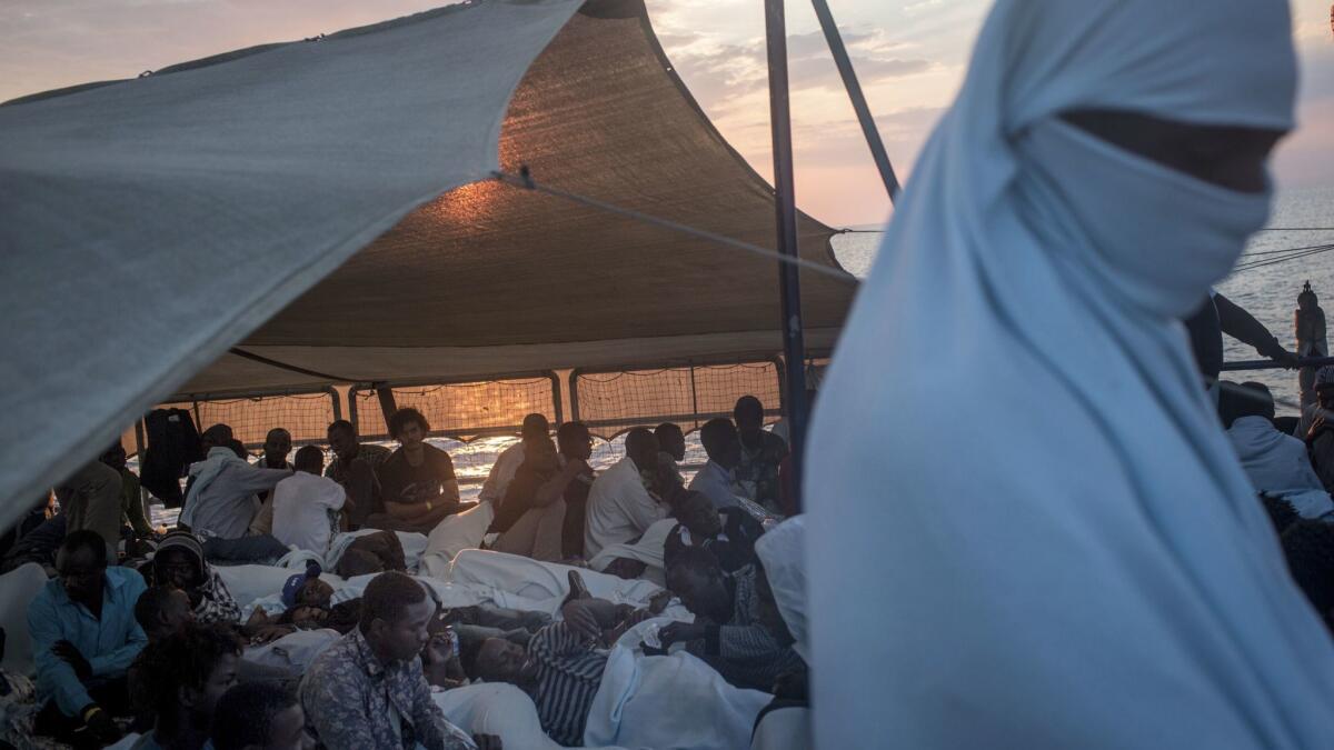 Refugees and migrants onboard the Migrant Offshore Aid Station Phoenix vessel en route to Catania, Italy.