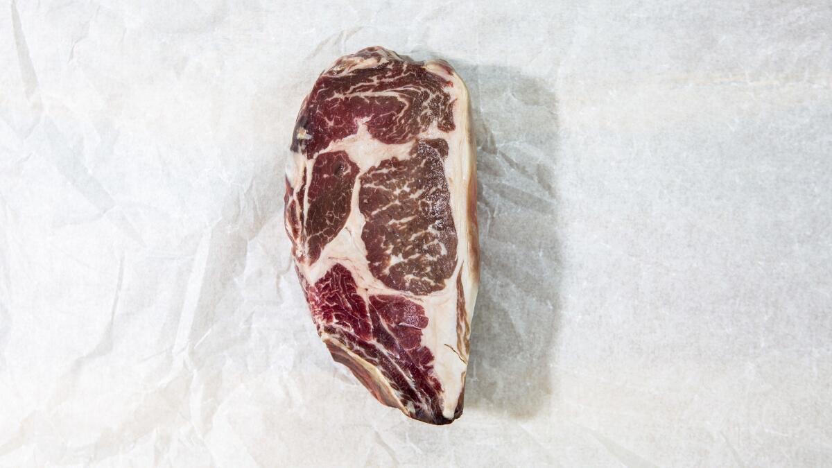 Bone-in 3-inch-thick rib-eyes cut from the chuck end of the cow have proportionally more of the rib-eye "cap" muscle, the most flavorful muscle. Flannery Beef's Jorge steak is exactly that.