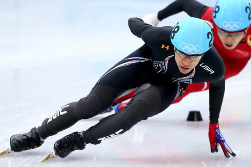 American J.R. Celski races ahead of China's Dequan Chen during a short-track speedskating 1,500-meter semifinal at the 2014 Winter Olympic Games on Monday. Celski missed his chance at a medal in the 1,500 after crashing out of the final.