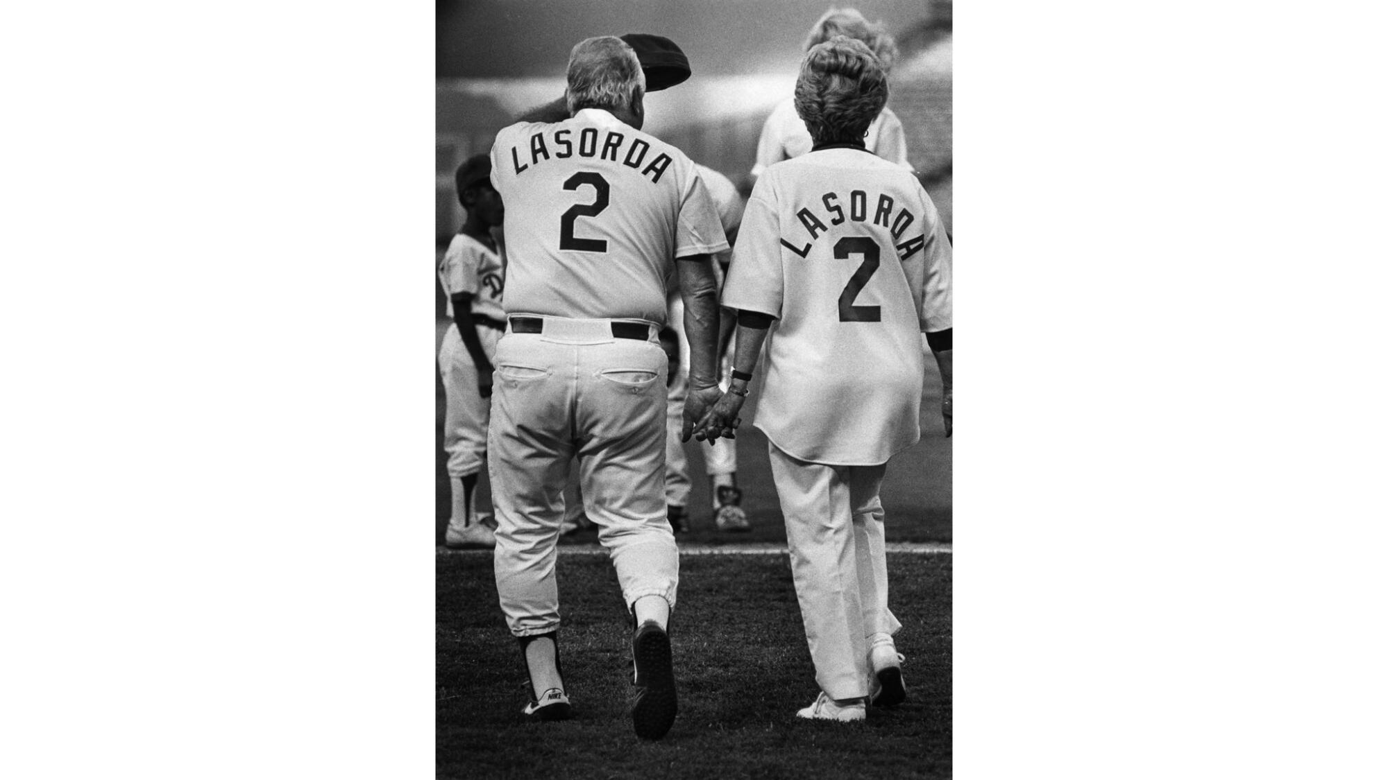 Tommy Lasorda and his wife, Jo, during introductions at Family Night at Dodger Stadium in 1987. 