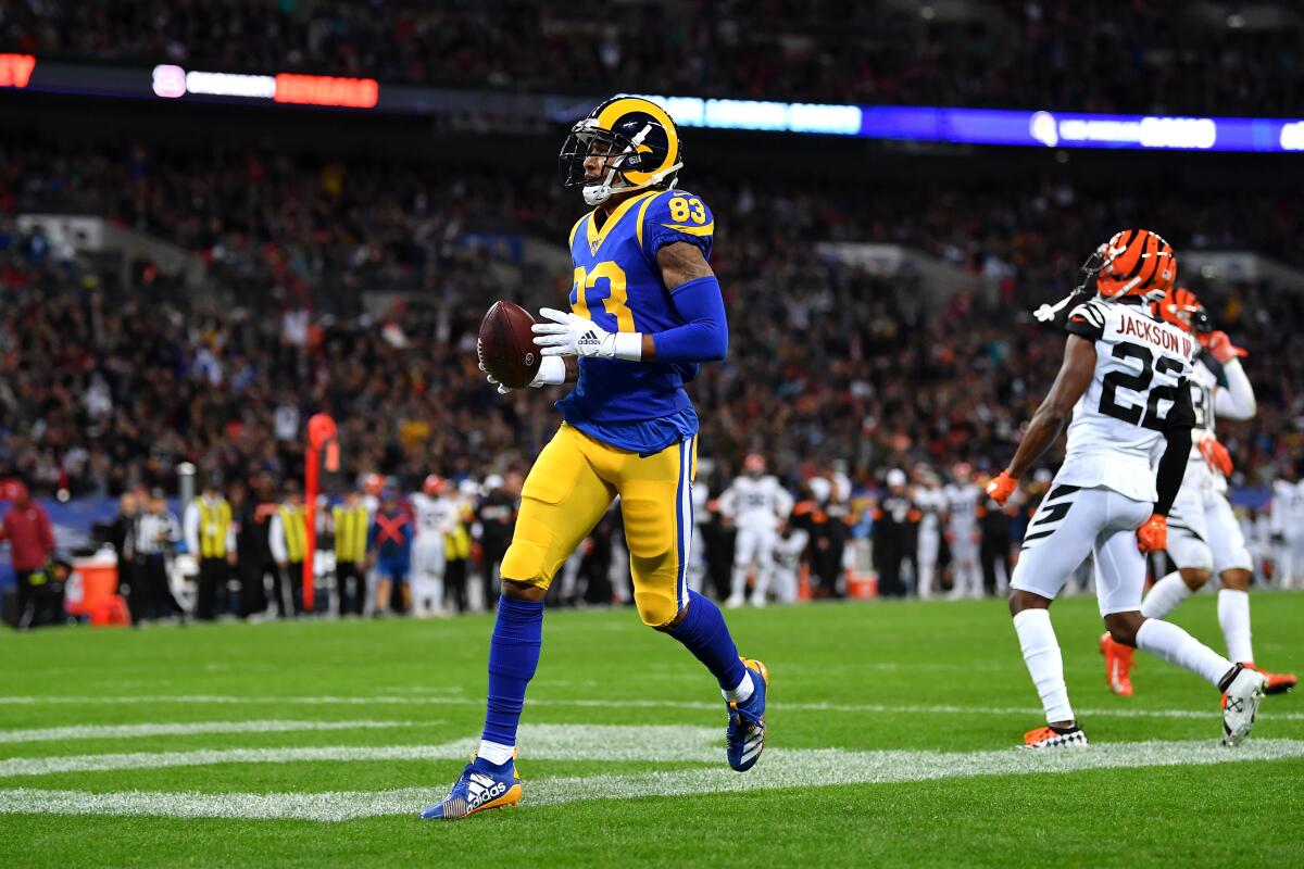 Rams receiver Josh Reynolds reached the end zone against the Cincinnati Bengals in London.
