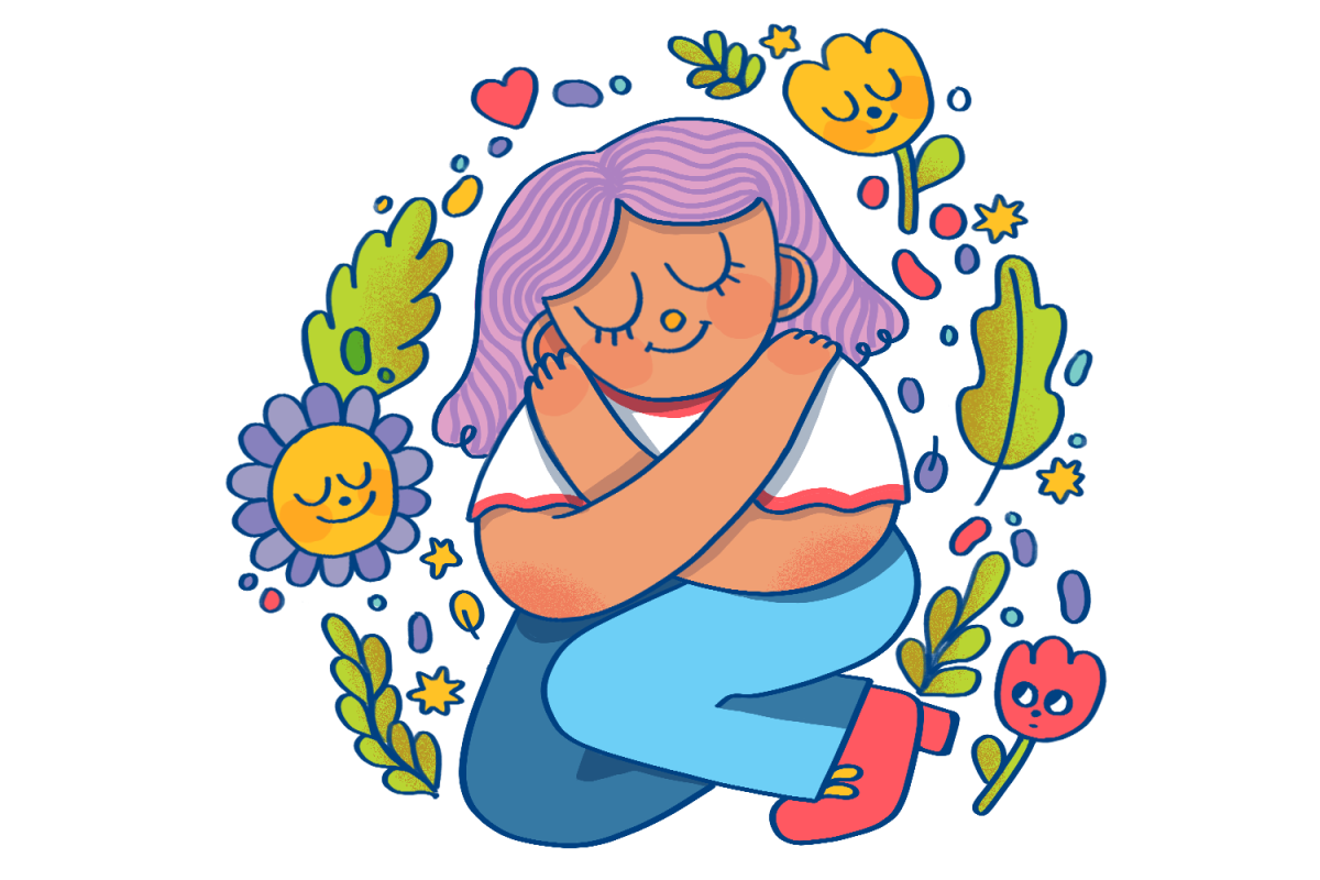 An illustration of a figure kneeling, smiling and giving herself a hug.