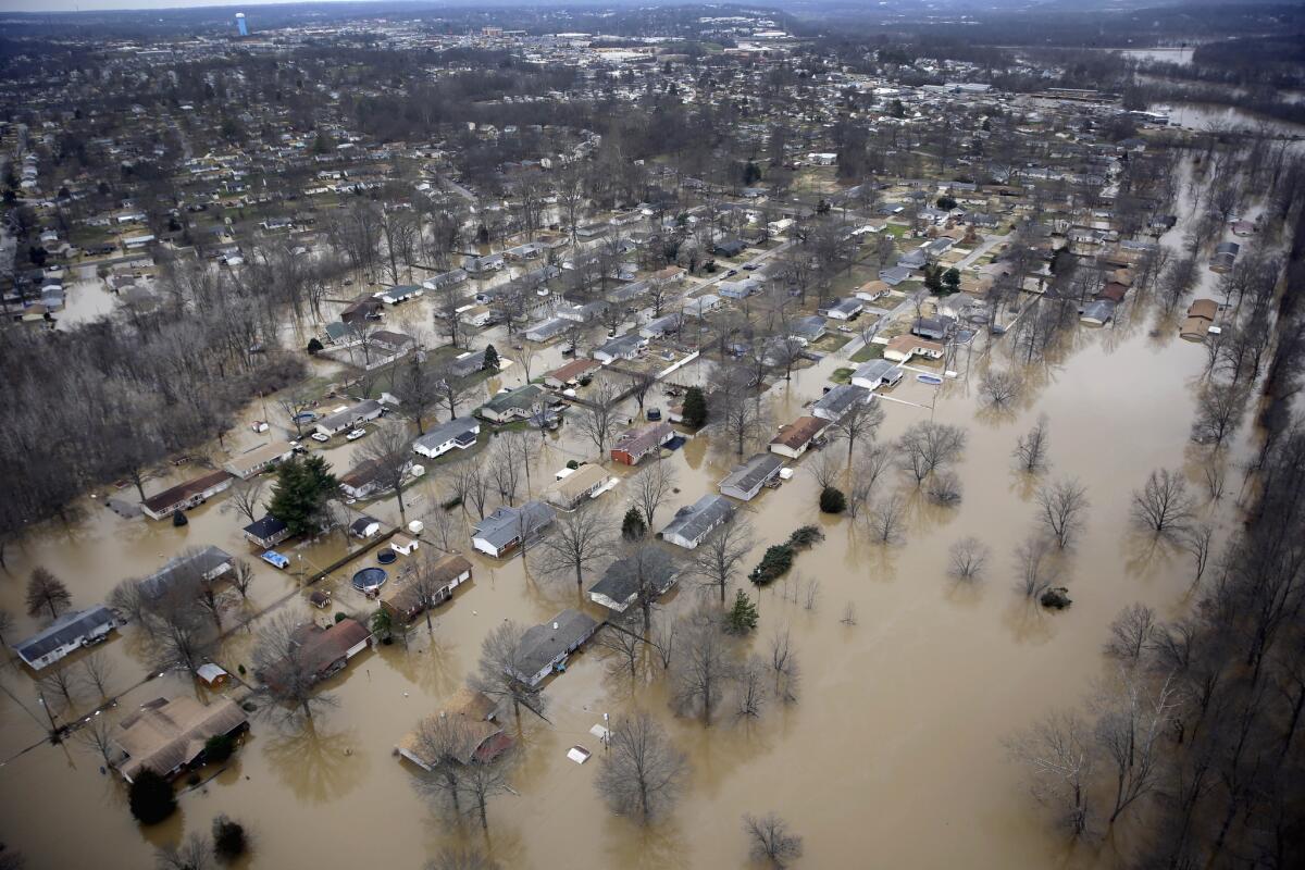 Houses surrounded by floodwater in Arnold, Mo.