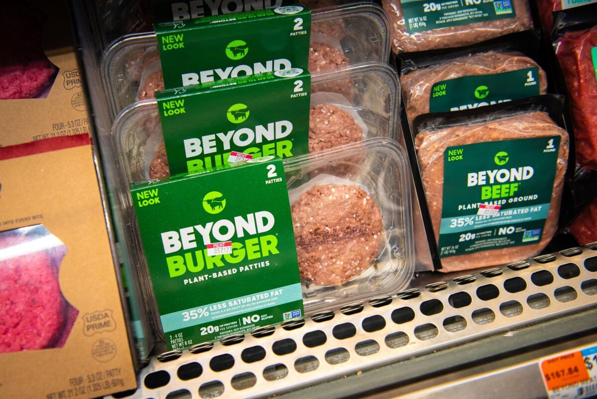 Packages of Beyond Meat burgers and Beyond Beef.