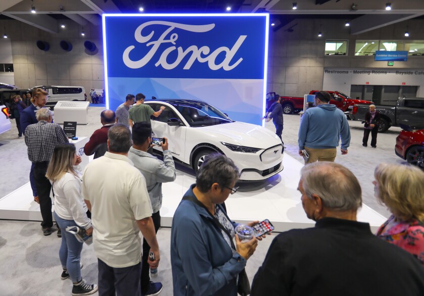 The 2021 Ford Mustang Mach-E all electric SUV was on display in the Ford Display space at the 2020 San Diego International Auto Show in the San Diego Convention Center January 4, 2020. It will be available in the fall of this year, but considered a 2021 model year vehicle.