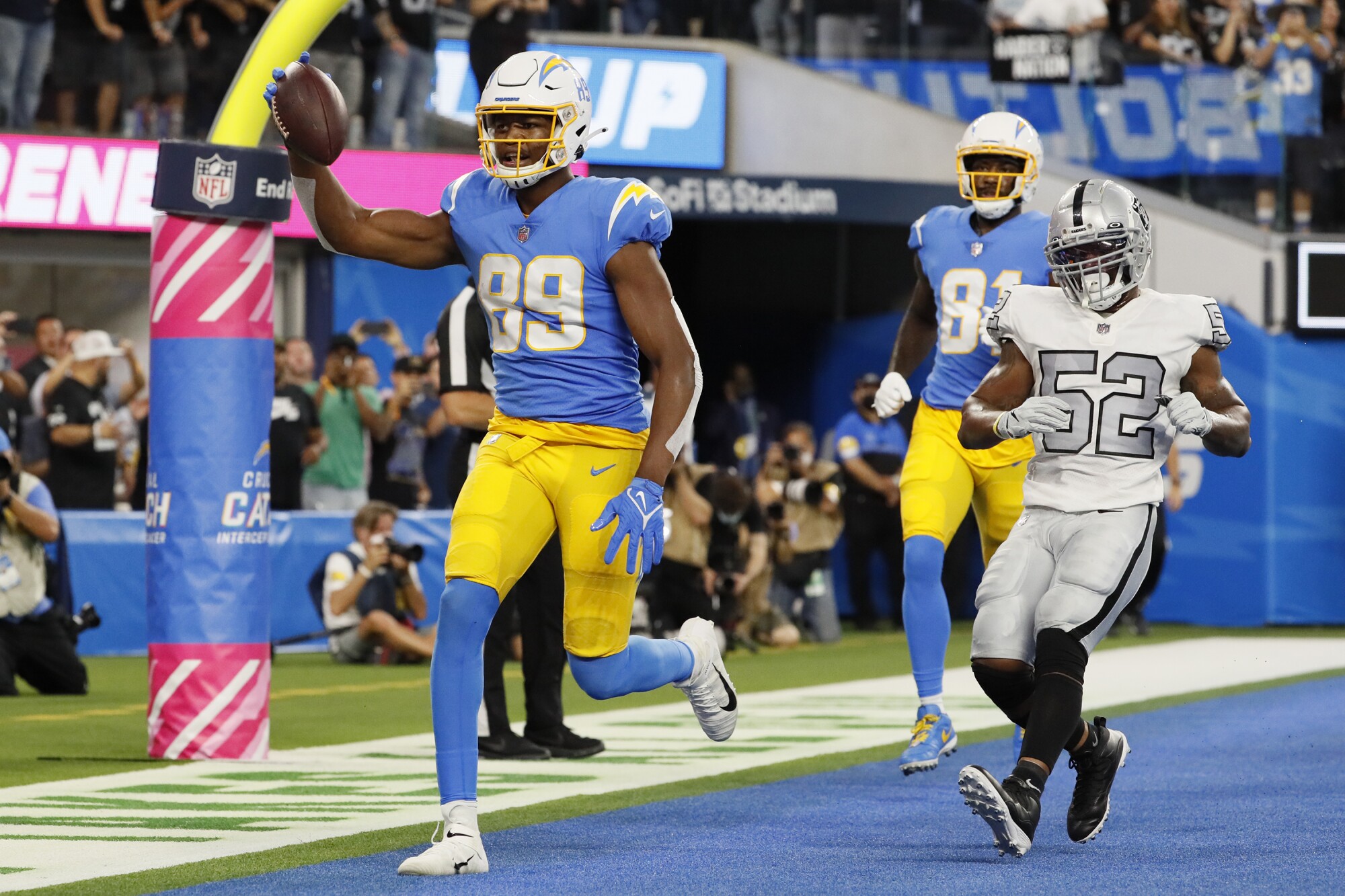  Chargers tight end Donald Parham celebrates after scoring against the Raiders in October.