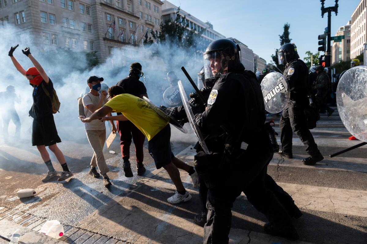 Police fired tear gas, flash grenades and rubber bullets at peaceful protesters in Lafayette Park in Washington on Monday.