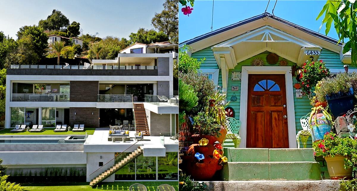 Hollywood Hills' priciest home, left, costs $12.495 million. The cheapest, right, costs $738,000.