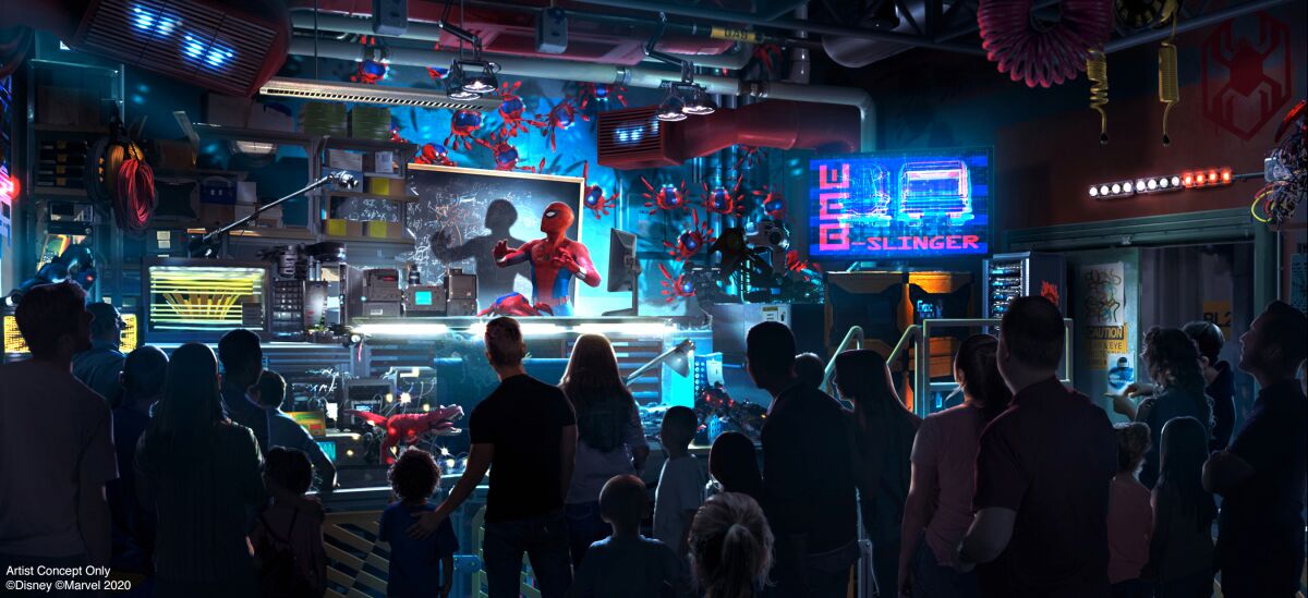 Web Slingers: A Spider-Man Adventure, at the Avengers Campus inside Disney California Adventure Park, brings recruits to the Worldwide Engineering Brigade for an open house.