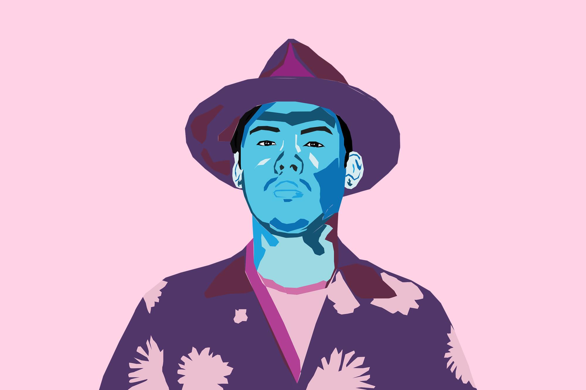 A pink, blue, and purple illustration of Dr. Woo wearing a hat and patterned shirt.