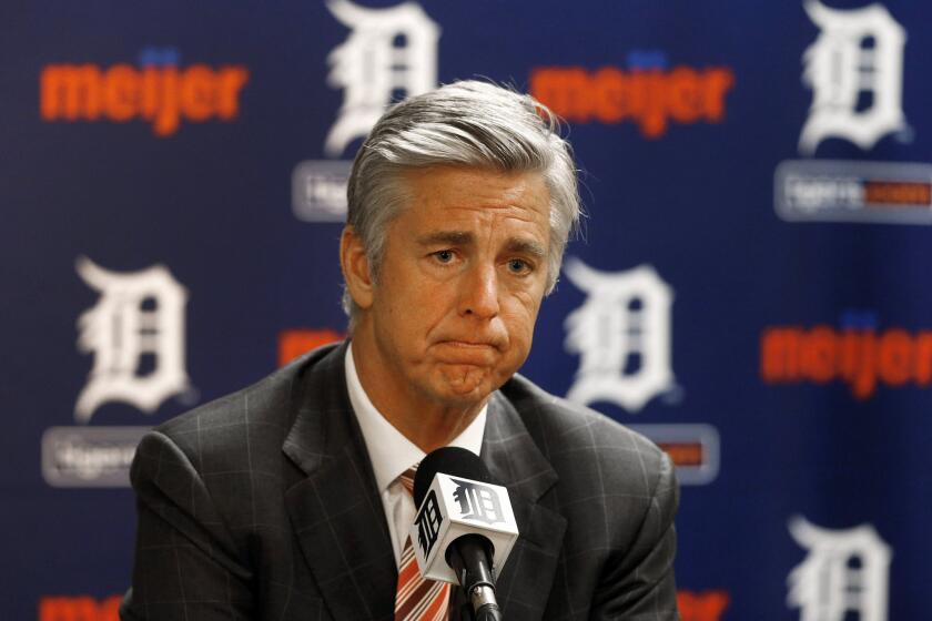 Former Tigers General Manager Dave Dombrowski speaks during an August news conference in Detroit. The Red Sox hired him as president of baseball operations.