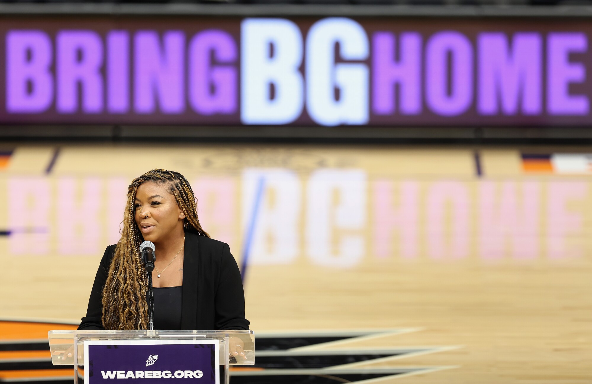 Cherell Griner, wife of Britney Griner, speaks during a rally to support the release of Britney Griner.