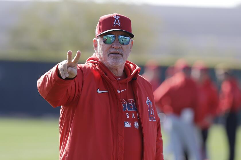 Los Angeles Angels manager Joe Maddon watches during spring training baseball practice, Wednesday, Feb. 12, 2020, in Tempe, Ariz. (AP Photo/Darron Cummings)