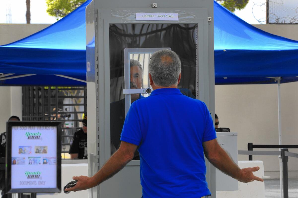 Through the end of April, all pedestrians leaving San Diego through Otay Mesa will be screened, but only foreigners will have their identities documented through iris scans and facial recognition technology.