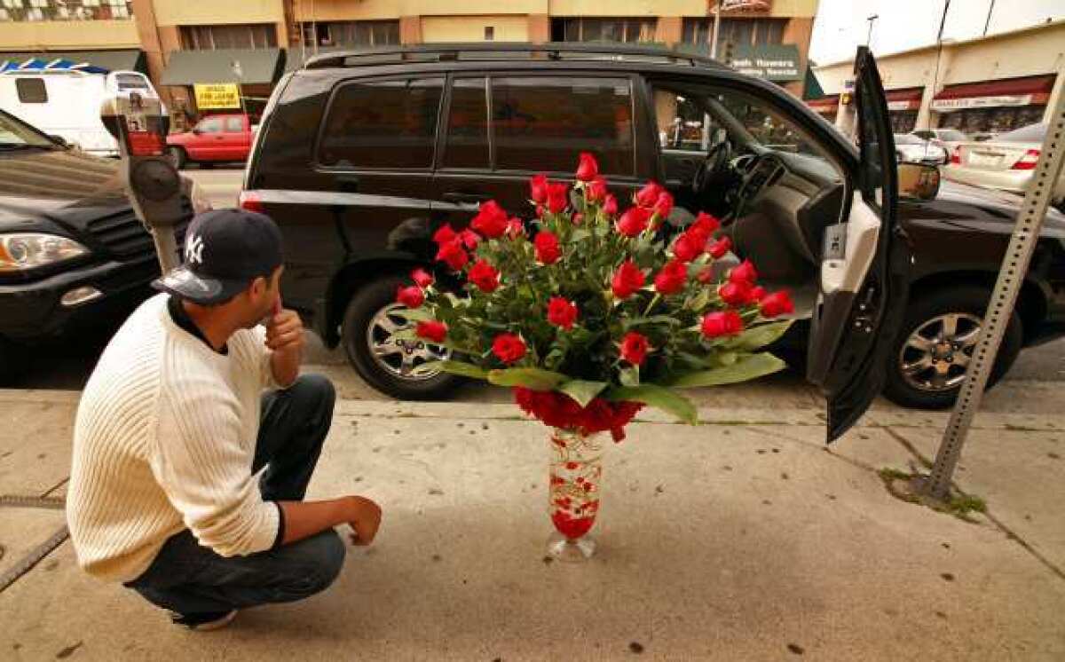 Gary Lee, who purchased a huge bouquet of roses in a ornate vase, tries to figure how he will fit the mass of flowers into his car. When a passerby holding a much smaller bouquet asked how much he spent for the huge display, Lee answered, "Let's put it this way, she's not getting anything else for a while."