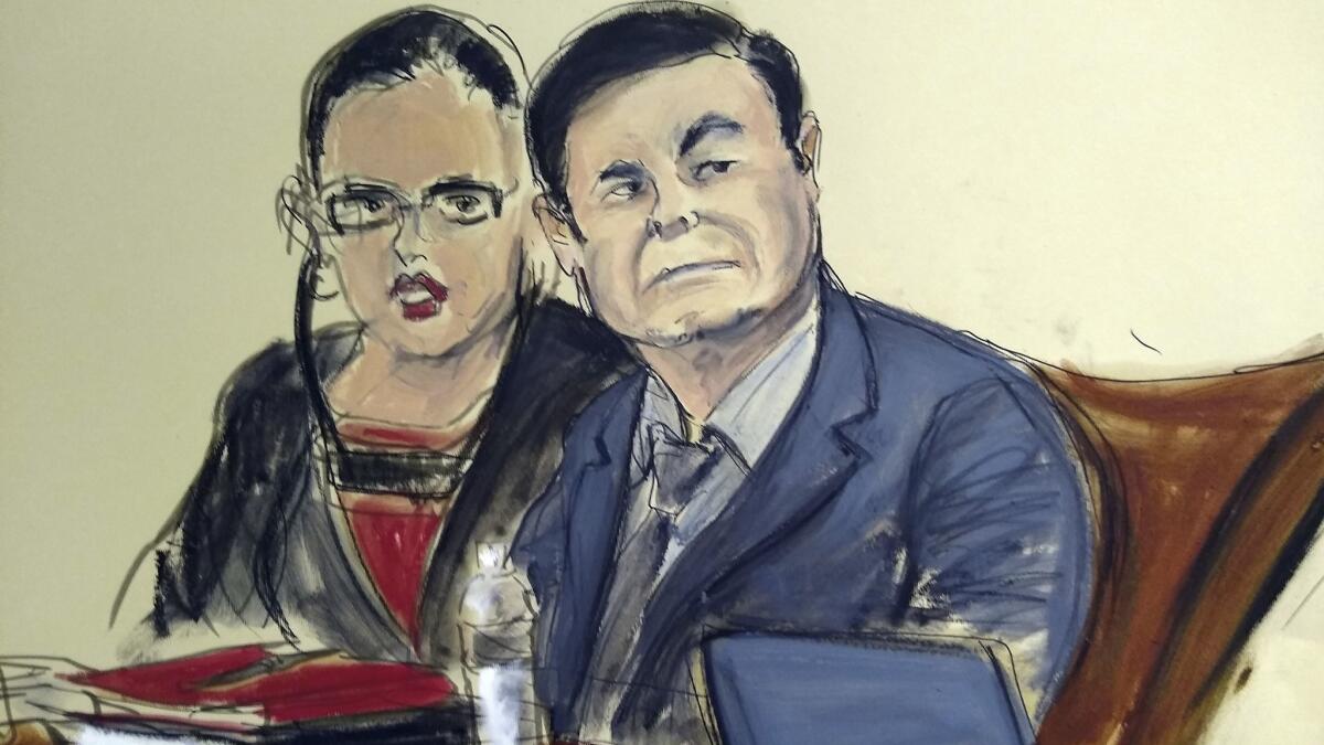 In this courtroom sketch, Joaquin "El Chapo" Guzman sits at the defense table with his interpreter in a federal courtroom in Brooklyn on Monday. The jury began deliberating shortly after 1 p.m. Eastern.