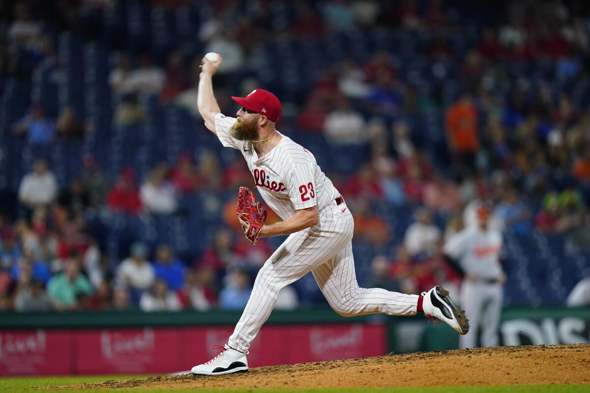 Archie Bradley delivers for the Philadelphia Phillies against the Baltimore Orioles in September.