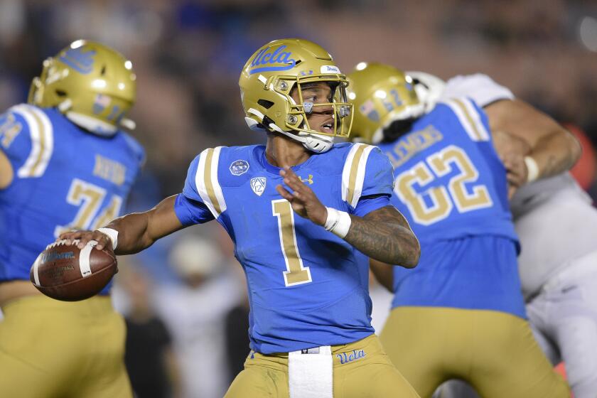 UCLA quarterback Dorian Thompson-Robinson in action during the second half of an NCAA college football game against Colorado in Los Angeles, Saturday, Nov. 2, 2019. UCLA won 31-14. (AP Photo/Kelvin Kuo)