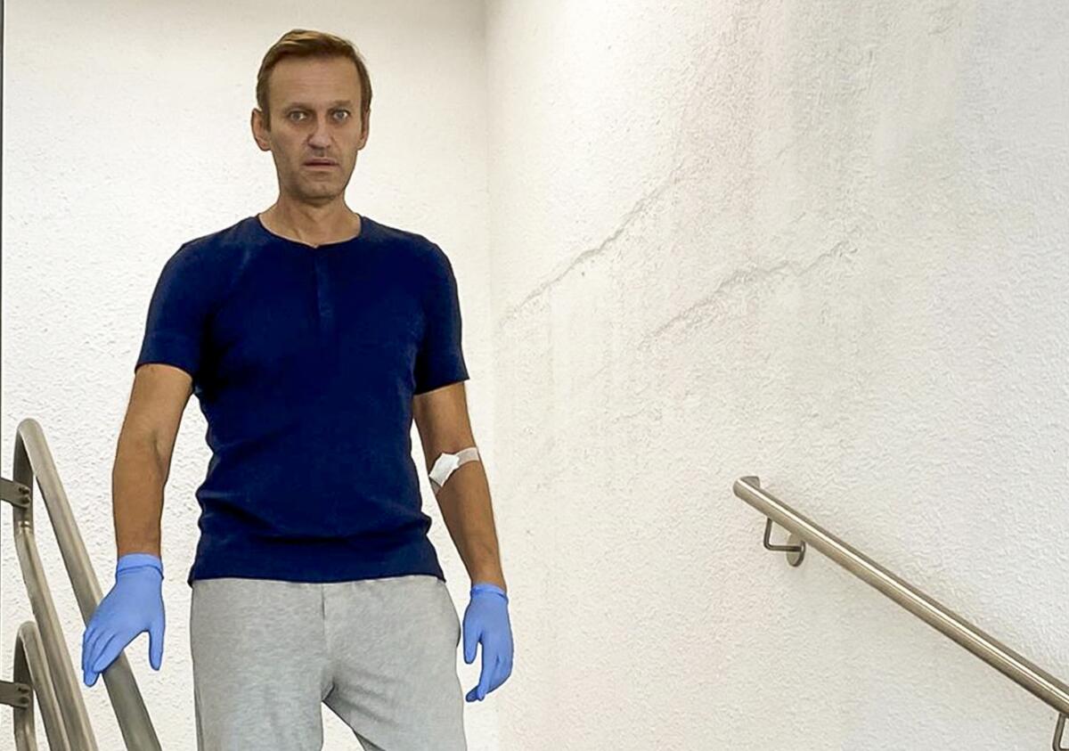 An image taken from Instagram video shows Alexei Navalny at a Berlin hospital on Sept. 19.