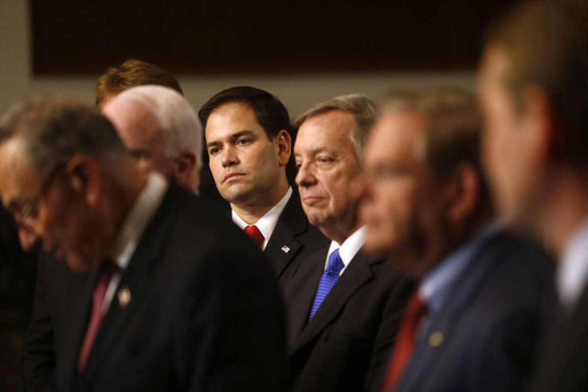 Although passing an immigration reform bill isn't easy, polling shows that there's a consensus about what to do. Even among Republicans support for a "path to citizenship" is high if people here illegally meet strict requirements. Above: Sen. Marco Rubio (R-Fla.), center, and other members of the GOP meet the press on Capitol Hill to discuss immigration reform.