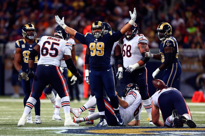 Rams defensive tackle Aaron Donald celebrates after sacking Bears quarterback Jay Cutler during a game on Nov. 15.