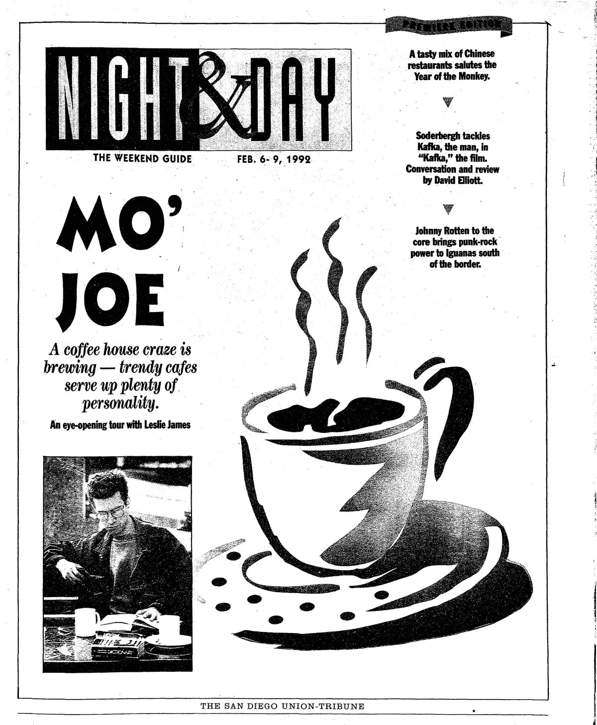 The front page of the first Night & Day entertainment section, Feb. 6, 1992, highlighted San Diego's coffee house craze.