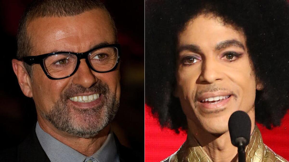 The Grammy Awards will feature musical tributes to the late George Michael, left, and Prince.