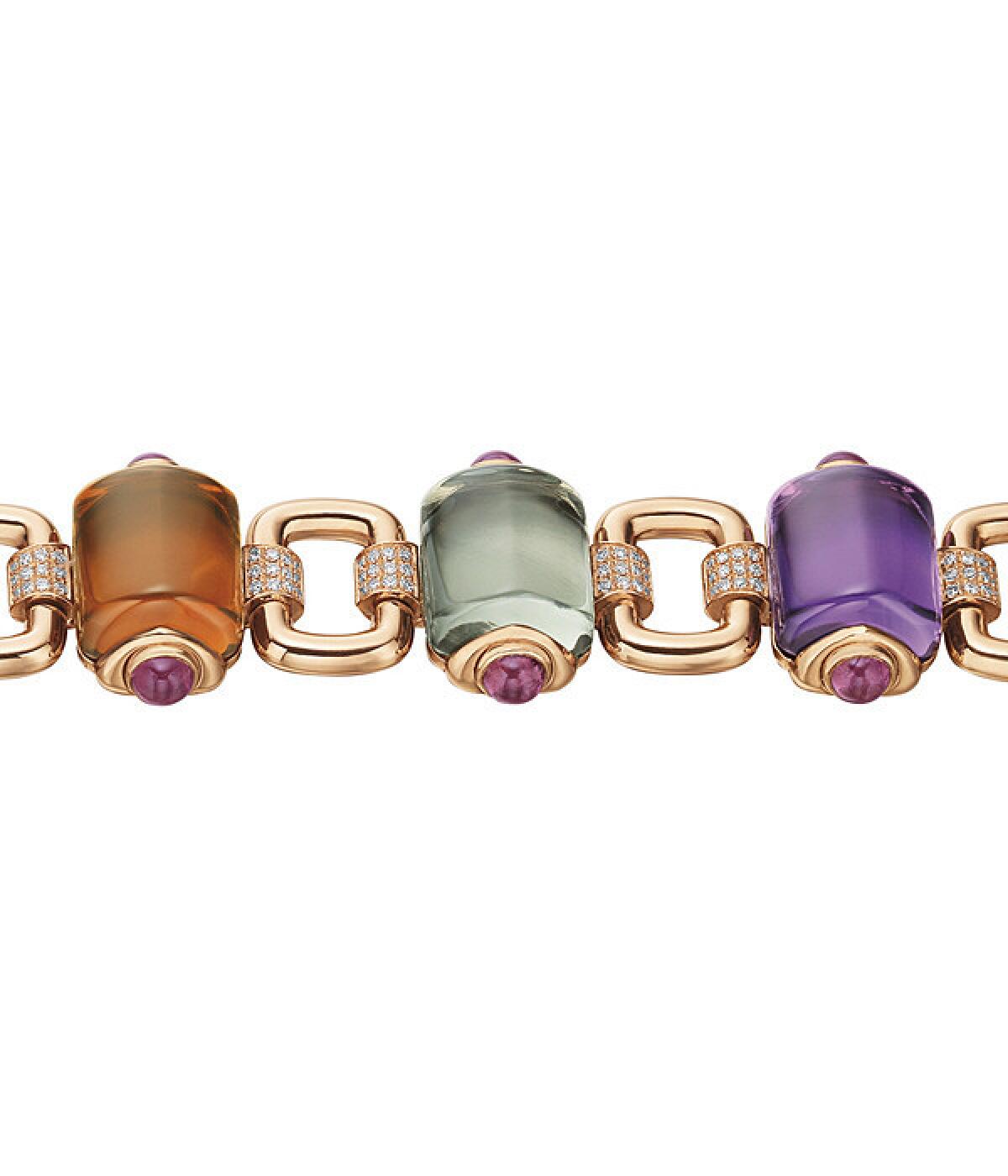 Bulgari "Mvsa" 18-karat pink gold bracelet with colored gemstones and pave diamonds.