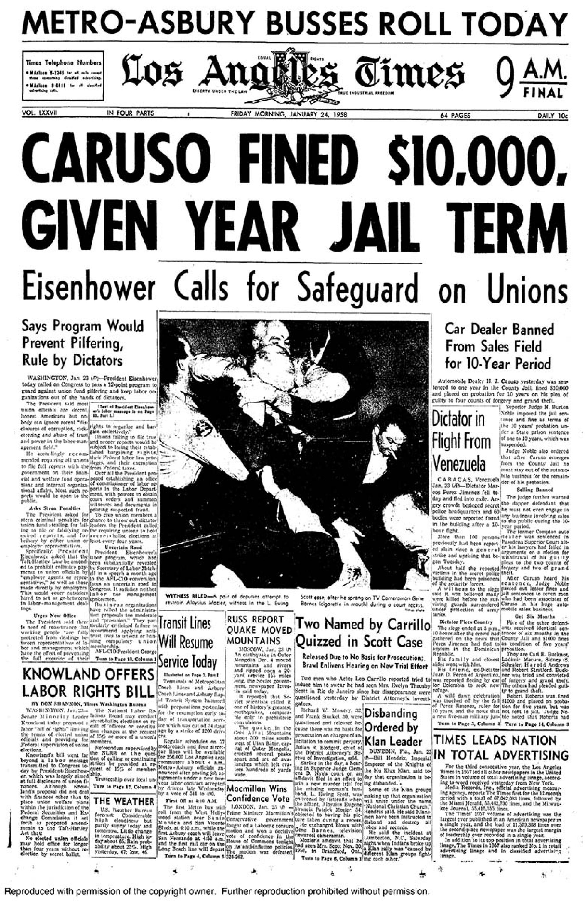 The Jan. 24, 1958, Los Angeles Times with the headline of Henry Caruso's conviction.