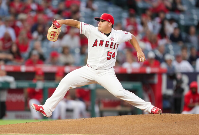 Angels left-hander Jose Suarez delivers a first-inning pitch Sept. 28, 2019.