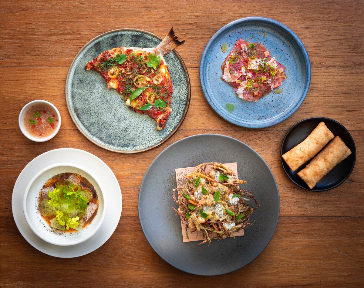 Seen from overhead, an array of four dishes from Gunsmoke.