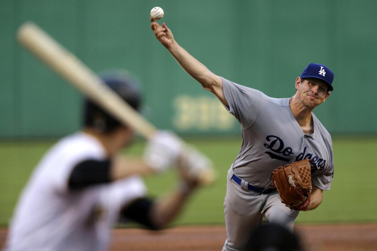 Dodgers starting pitcher Nick Tepesch delivers during the third inning against the Pirates.