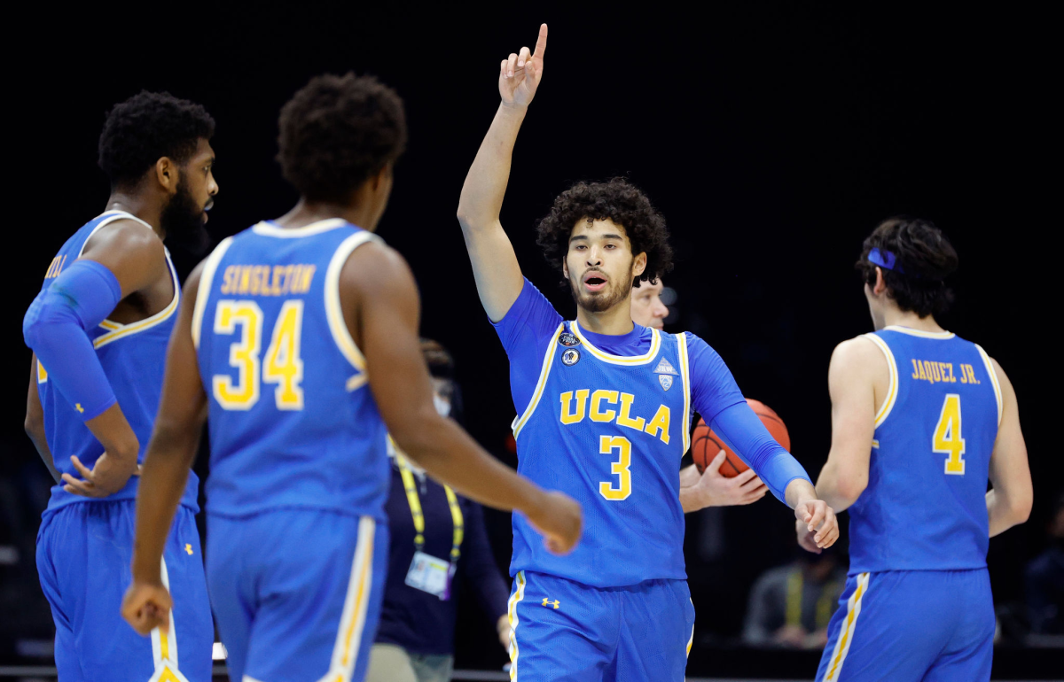 UCLA's Johnny Juzang, the breakout star of the Bruins' Final Four run, gestures during Saturday's loss to Gonzaga.