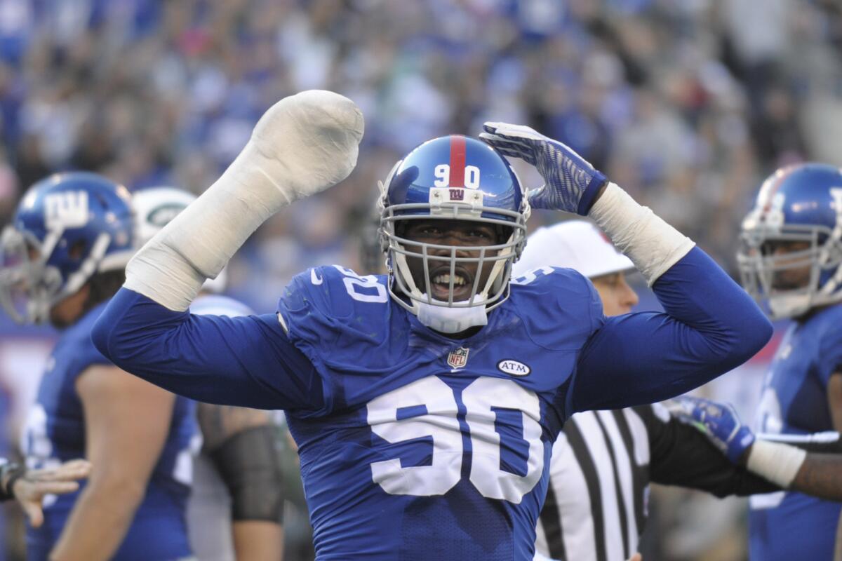 New York Giants defensive end Jason Pierre-Paul reacts during the first half a game against the New York Jets on Dec. 6.