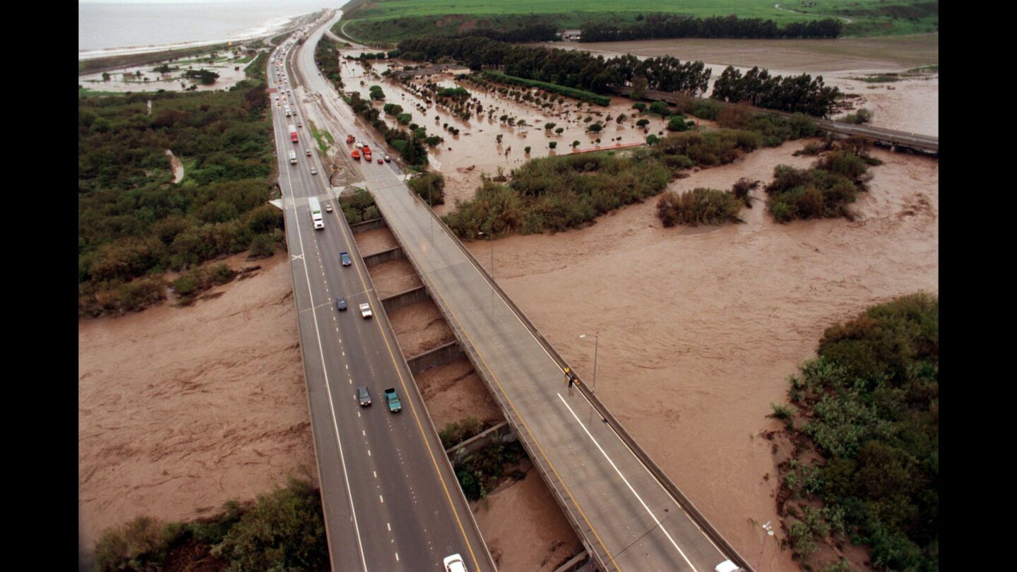The Ventura River overflowed after heavy rains in 1998, closing the 101 Freeway for several hours.