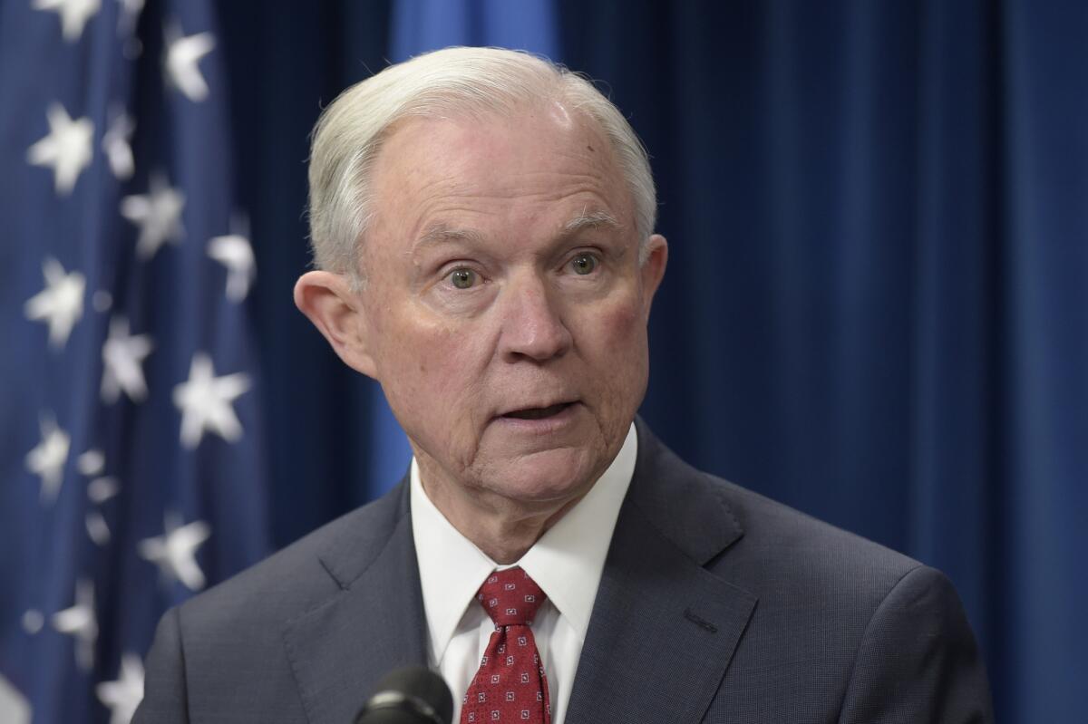 Attorney General Jeff Sessions makes a statement on issues related to visas and travel, Monday, March 6, 2017, at the U.S. Customs and Border Protection office in Washington.
