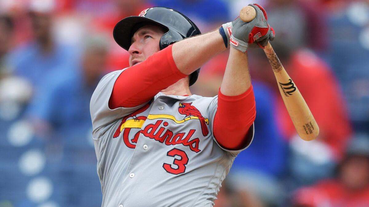 Cardinals infielder Jedd Gyorko watches his two-run home run against the Phillies on May 30 in Philadelphia.
