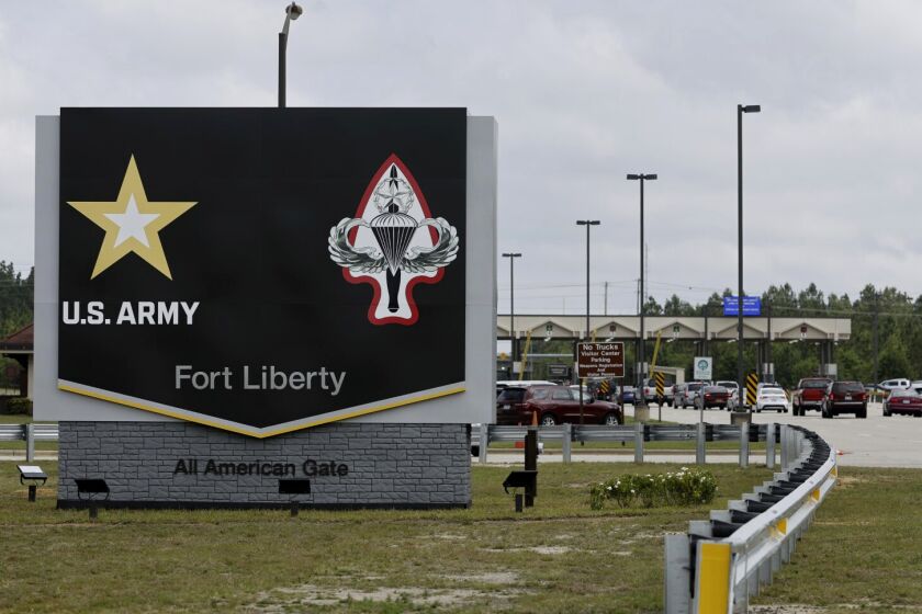 The new Fort Liberty sign is displayed outside the base on Friday, June 2, 2023 in Fort Liberty, N.C. The U.S. Army changed Fort Bragg to Fort Liberty as part of a broader initiative to remove Confederate names from bases. (AP Photo/Karl B DeBlaker)