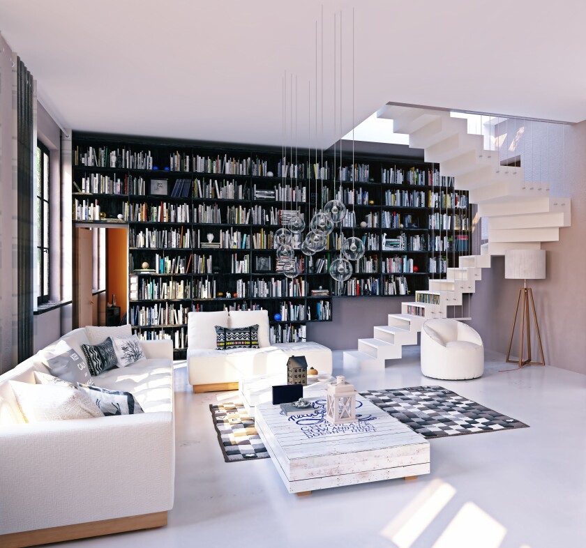 A rendering shows a modern living area with a wall of books, white couch and floating white staircase.