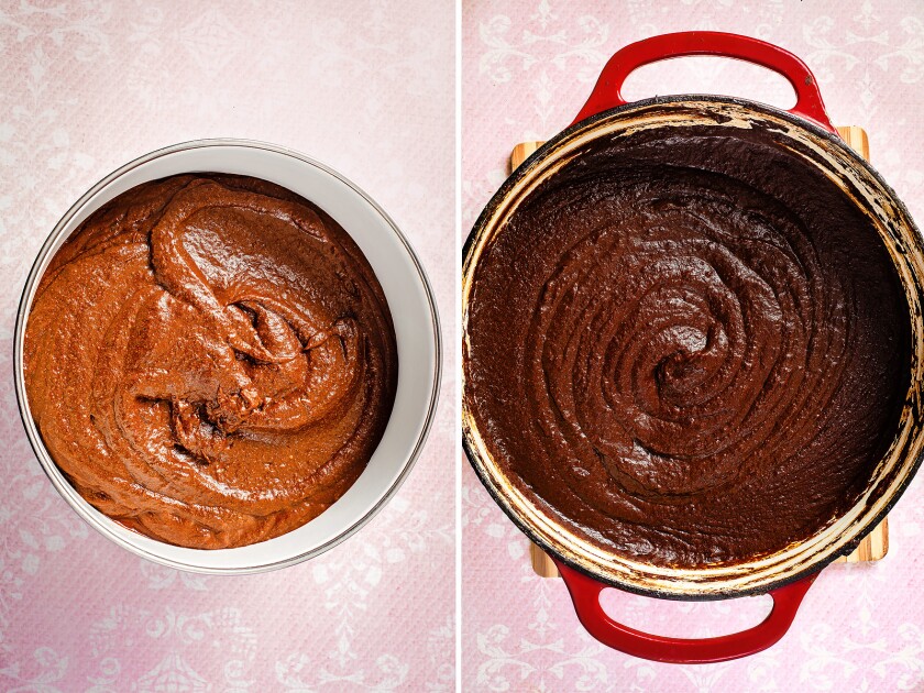 The just-blended ingredients on the left and the darker, thicker mole on the right after simmering for two hours.