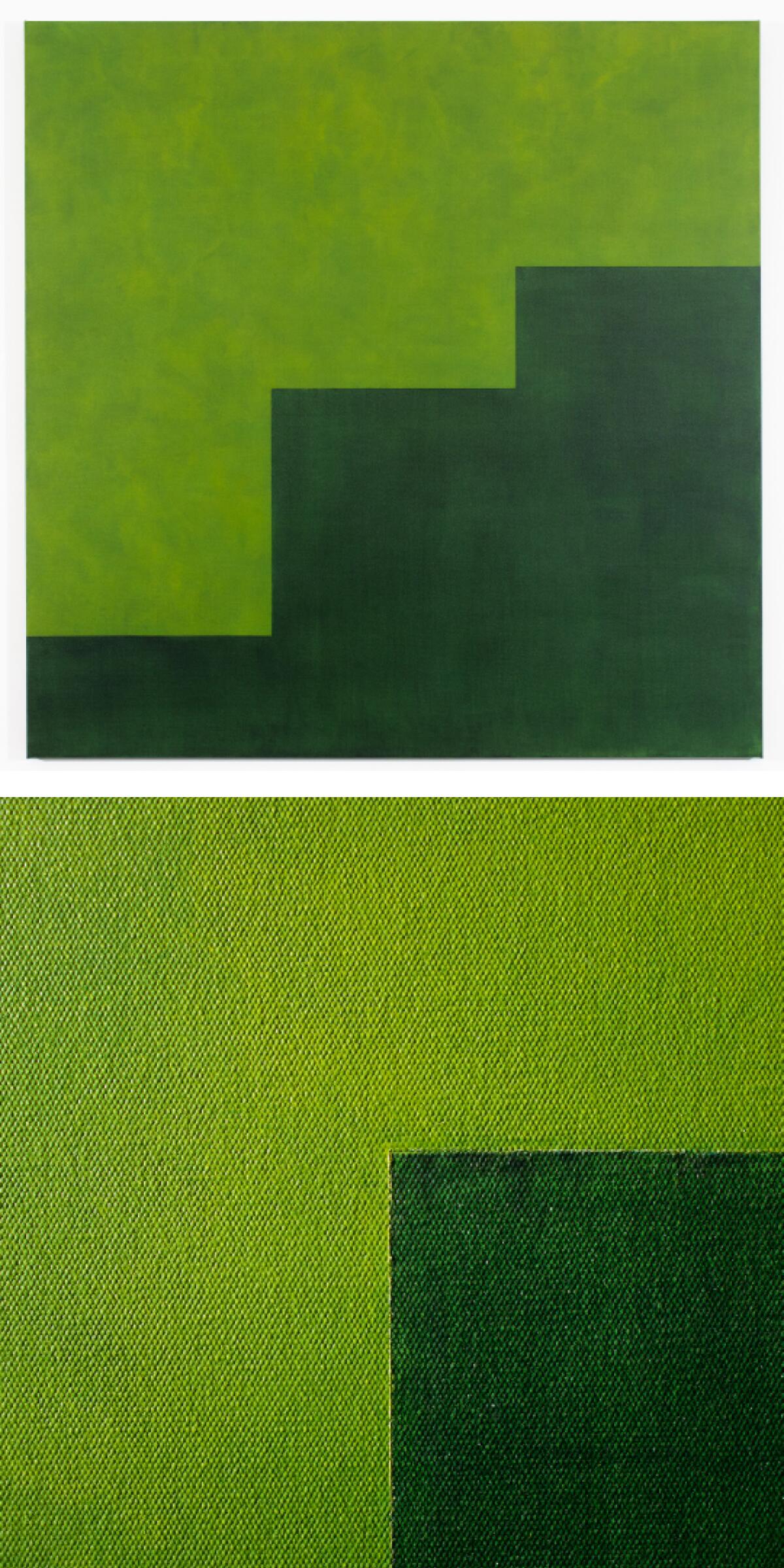 A diptych showing Virginia Jaramillo's work with a detail showing texture below.