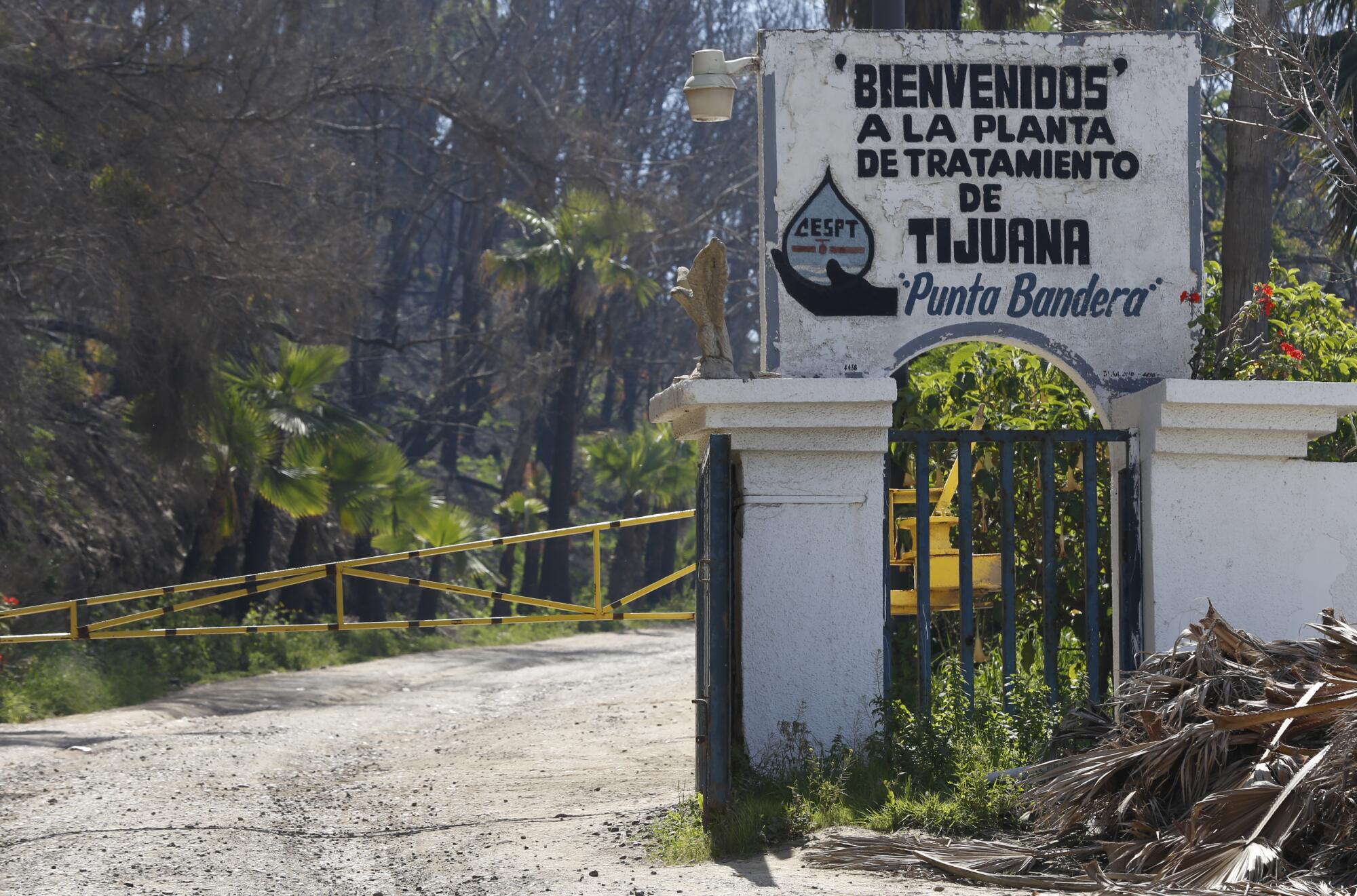 The front gates of the San Antonio de Los Buenos sewage treatment plant at Punta Bandera in Baja California.