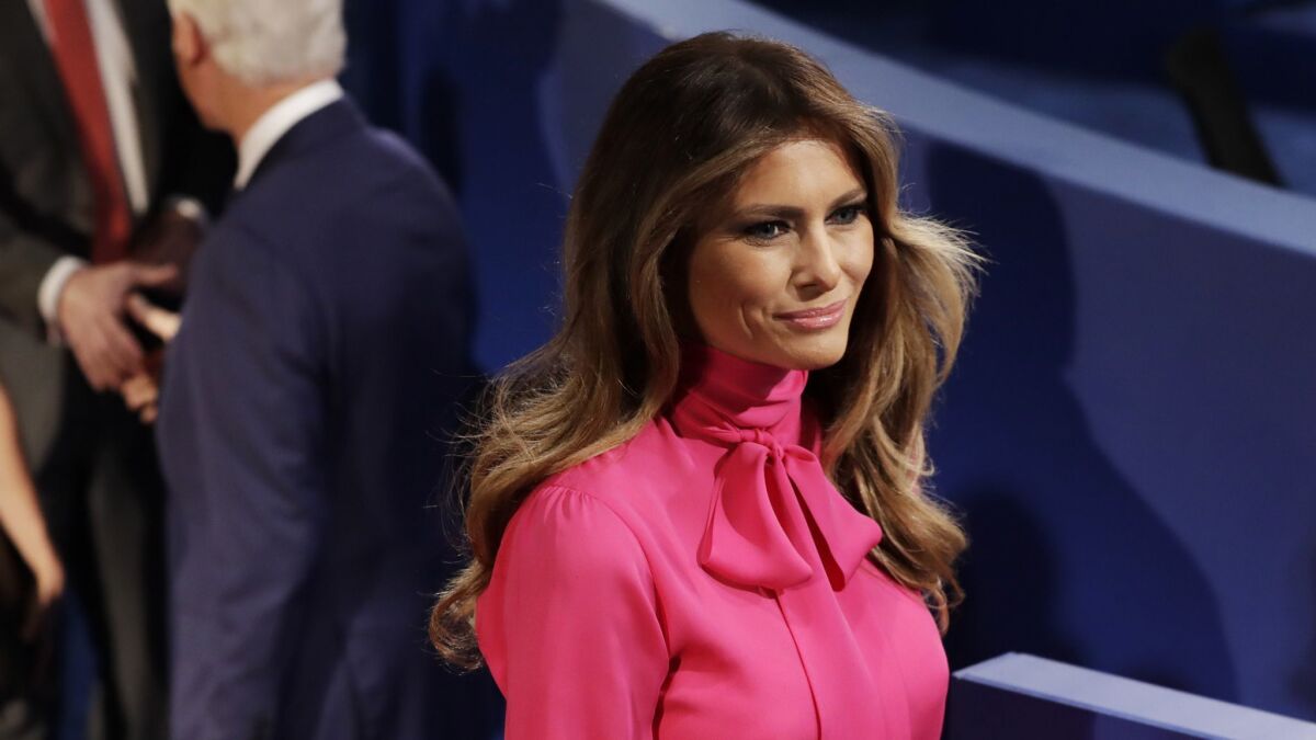 Melania Trump arrives before the second presidential debate between then-presidential nominees Donald Trump and Hillary Clinton at Washington University in St. Louis on Oct. 9, 2016.
